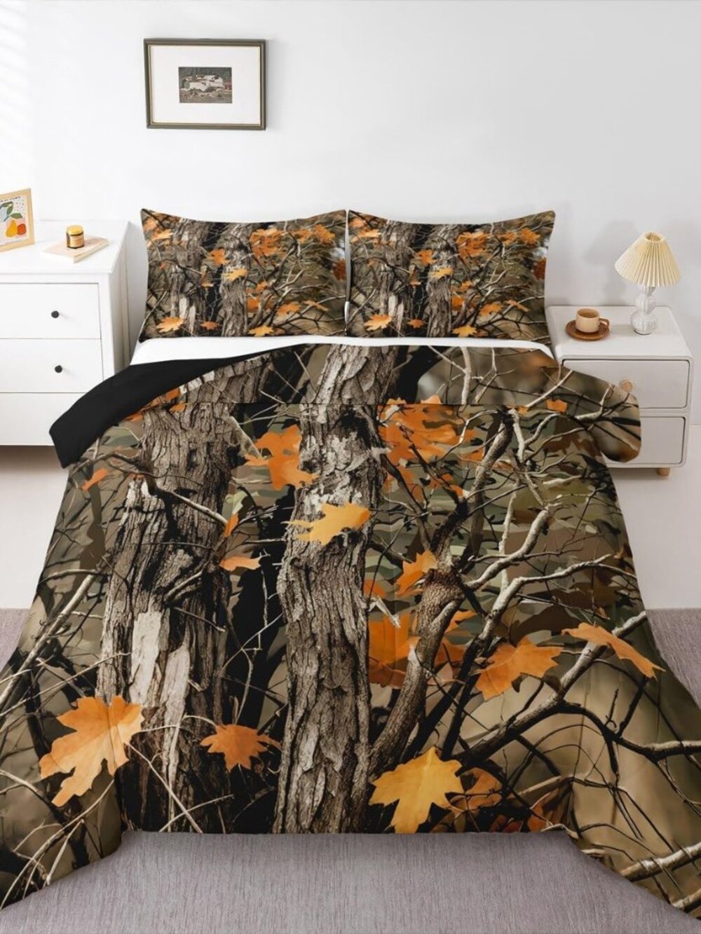 Camo Comforter Set Queen Size Cabin Lodge Forest Woods Bedding Set for Teens Adu